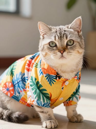 Warm editorial portrait of a comfortable cat wearing a custom-tailored colorful tropical shirt, lounging in bright natural daylight, eye-level shot, 35mm lens.