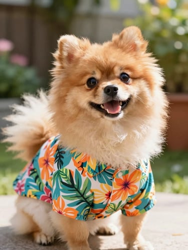 A happy fluffy Pomeranian dog wearing a colorful tropical floral shirt, looking directly at the camera with a joyful expression, bright warm daylight, outdoor garden background, shallow depth of field.