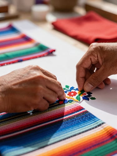 Close-up of colorful Mexican patterned fabrics being hand-cut in a sunlit workshop in Celaya, warm daylight, shallow depth of field.