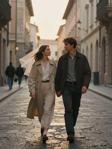 Cinematic medium-wide shot of a couple walking hand-in-hand down a historic European street at golden hour, warm natural light, soft 35mm film grain, wind blowing her veil, unposed, candid.