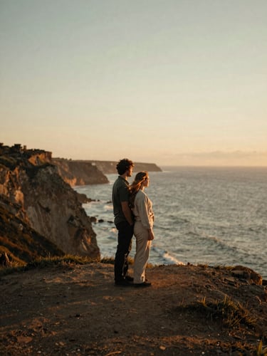 A wide environmental portrait of a couple standing on a wind-swept coastal cliff at sunset, warm natural light, soft focus, cinematic 35mm film look.