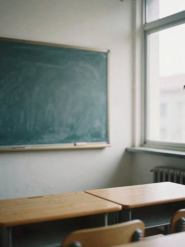 A quiet classroom corner in Beijing, a wooden desk with a chalkboard in the soft background, overcast morning light filtering through a window, muted tones