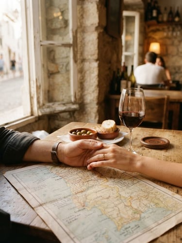 Wide shot of a couple's hands gently touching over a vintage map and a glass of red wine, soft golden-hour light from a window, warm editorial photography, authentic Portuguese atmosphere, 35mm film aesthetic