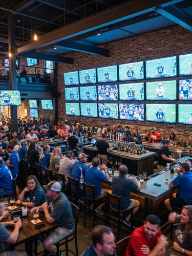 Wide environmental shot of a modern, packed Charlotte sports bar during a game, rows of perfectly aligned flat screens glowing with crisp sports broadcasts, clean architectural lighting, 24mm lens.