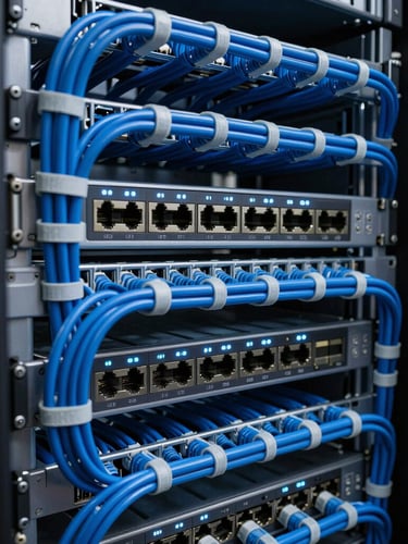 Macro detail shot of an immaculate AV rack with perfectly organized blue structured cabling, clean cable ties, and glowing network switch indicators in a dark server room.