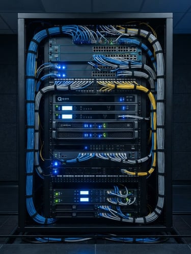 Crisp architectural photography of a perfectly organized commercial AV rack, glowing blue status lights, immaculate cable management, 24mm wide-angle lens