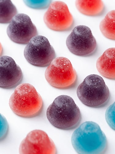 Macro close-up of natural pectin gummy texture resting on a clean cream stone tile, soft studio lighting, muted purple shadows, elegant depth of field