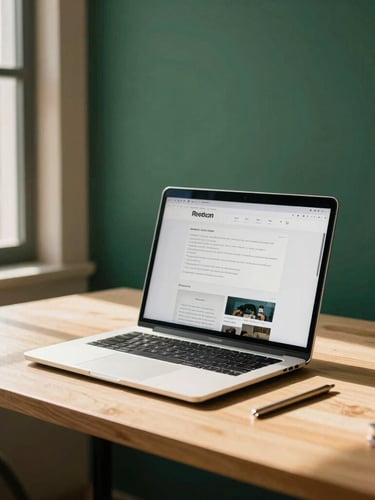 Warm editorial photography of a modern South African creative workspace, sunlight filtering through a window onto a clean wooden desk with a laptop displaying a website wireframe, 35mm, sharp focus, deep green and sand tones.