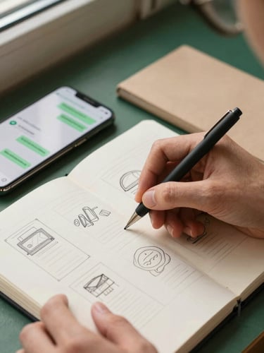 Tight macro shot of hands-on work, a designer sketching a user interface layout in a notebook next to a smartphone displaying a clean WhatsApp Business chat interface, warm natural window light, 35mm, sharp focus.