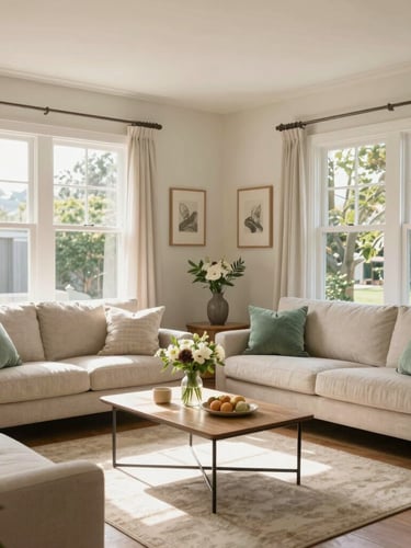 Sunlit residential living room with polished wooden floors, linen curtains blowing in a soft afternoon breeze, warm golden-hour window light, editorial photography