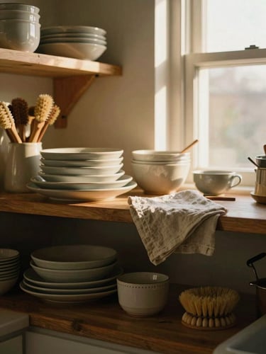 A beautifully organized, sunlit kitchen shelf with ceramic dishes, natural wooden brushes, and a linen cloth, soft golden-hour window light, warm editorial photography