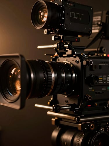 Extreme close-up of a high-end cinema camera rig on a dark film set, low-key dramatic lighting, high-contrast shadows, amber backlight, 35mm anamorphic lens, rich dark tones.