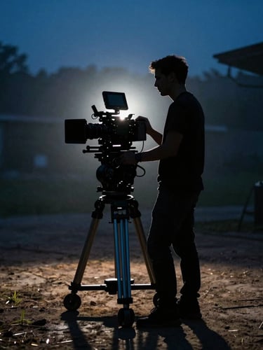 Cinematographer silhouette standing behind a camera rig on a moody film set, high-contrast shadows, blue hour natural light streaming through haze