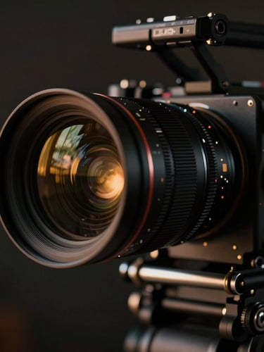 Extreme close-up of a high-end cinema camera rig, anamorphic lens reflecting low-key golden hour light, dark moody background, highly detailed