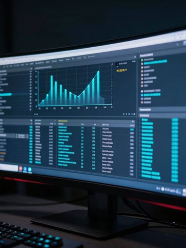 Sleek tech photography, cool ambient neon light, macro shot of a developer analyzing real-time data on an ultra-wide monitor, electric cyan reflections, deep shadows, sharp focus, 35mm