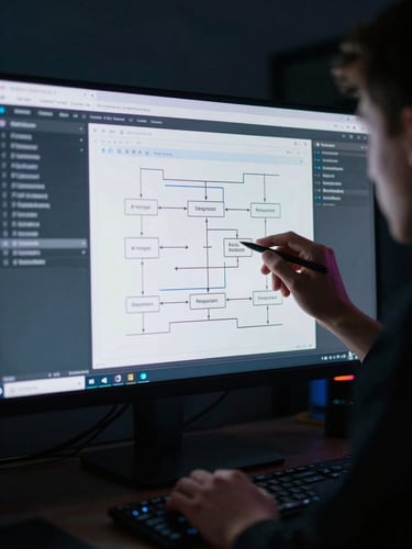 Close-up of a developer analyzing complex database schemas on an ultra-wide monitor, cool ambient neon glow, deep shadows, sleek tech photography