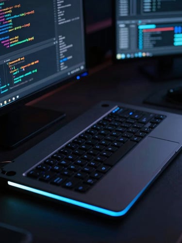 Sleek tech photography, deep shadows, close-up of a modern workstation with code and data visualization interfaces, cool ambient neon glow, sharp geometric composition, 35mm