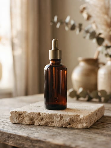 Warm editorial photography of a dark green glass RogCare bottle resting on a beige travertine stone block, soft morning window light, shallow depth of field, 35mm