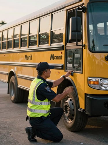 Portrait-orientation field shot, late afternoon natural light — a uniformed Monif Transport driver performing a pre-departure exterior check on an adapted school transport vehicle, kneeling beside the front wheel, safety vest visible, vehicle safety markings in background, candid not posed, no close-up of face