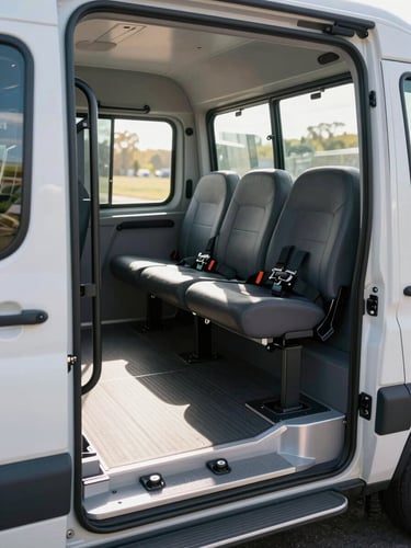 Wide interior view of an adapted school transport vehicle, right-side bleed composition, natural mid-morning daylight through windows illuminating fold-down accessibility ramp and reinforced safety harness anchors on modified seating, vehicle in clean operational condition, no passengers, detail-focused framing showing grab rails and floor-mounted wheelchair securing points