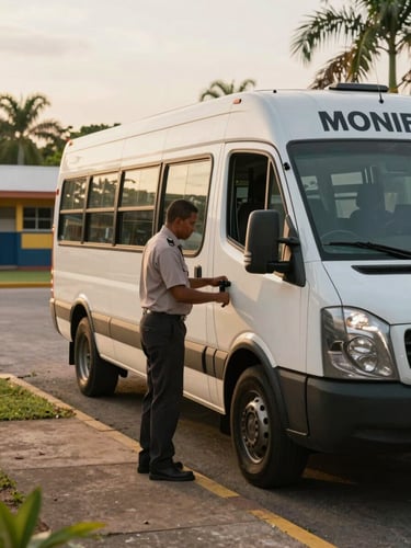 Exterior wide shot of a Monif Transport school vehicle parked at a school entrance in Cayenne, late afternoon golden light, driver in uniform performing pre-departure safety check on the vehicle door mechanism, no children visible, operational context showing school grounds and tropical vegetation in background