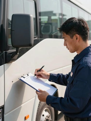 Close-up of a Monif Transport driver in uniform performing a pre-departure safety check on the vehicle exterior, clipboard in hand, morning light casting soft directional shadows on the bus bodywork, focused and methodical