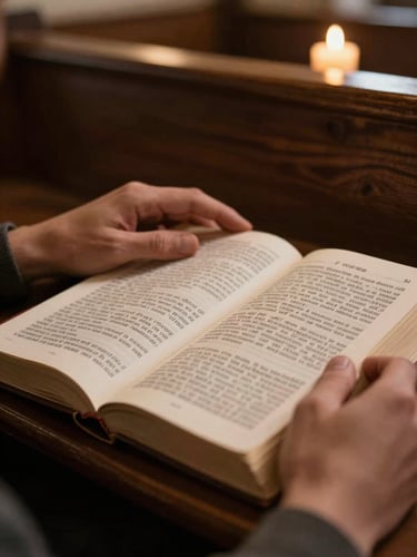 Close-up portrait of a pair of hands resting on the open pages of the Book of Common Prayer, candlelight casting warm gold across the text, a wooden pew visible softly out of focus in the background, intimate and contemplative framing