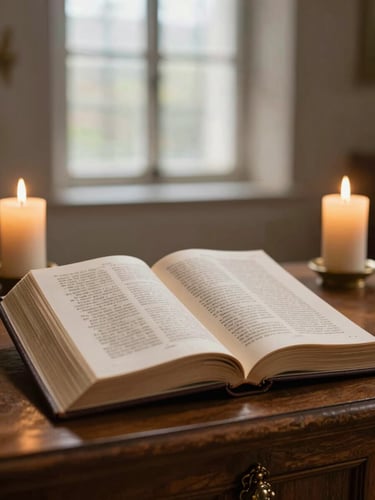 Open pages of the Book of Common Prayer on a wooden altar, two lit taper candles flanking it, soft natural light from a tall window behind, shallow focus on the printed text, warm gold and cream tones