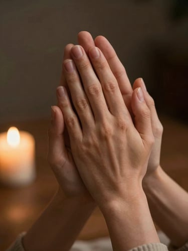 Close-up of two pairs of hands resting together in prayer, one set laying gently over the other, soft candlelight from the left, dark warm background, shallow depth of field, quiet and intimate