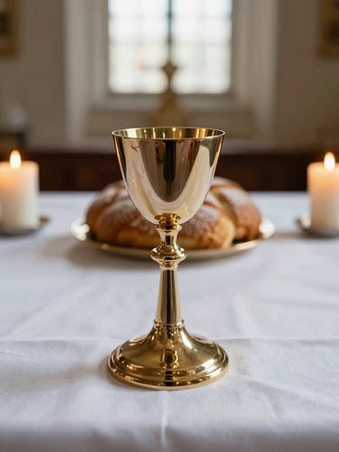 Close-up overhead view of an altar prepared for the Eucharist — a chalice and paten with bread resting on white linen, two candles flanking, soft natural light from an unseen window catching the gold of the vessels
