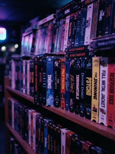 Close-up cinematográfico de uma prateleira de fitas VHS antigas, com títulos de filmes cult dos anos 80 e 90, iluminação neon roxa e azul, grão de filme analógico, perspectiva de baixo para cima, atmosférico e nostálgico.