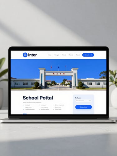 Straight-on flat-lay digital mockup of a modern school portal website, crisp Inter typography visible, clean slate and electric blue interface, bright daylight studio lighting.