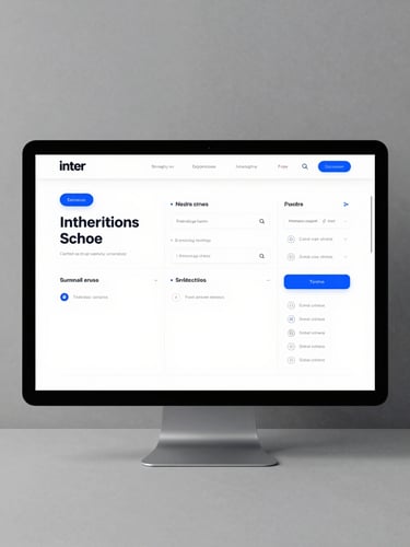 Straight-on flat-lay digital mockup of a modern school website dashboard, clean grid lines, Inter typography, electric blue accents, high-contrast studio lighting.