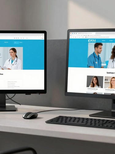Wide panoramic view of a clean, modern design system workspace, showing side-by-side browser layouts of a medical clinic website and a local salon portal, vibrant electric-blue highlights, daylight.