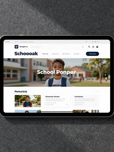 Straight-on flat-lay browser mockup of a modern school portal on a tablet, clean UI with a parent dashboard, crisp natural daylight casting soft shadows, high-contrast slate background.