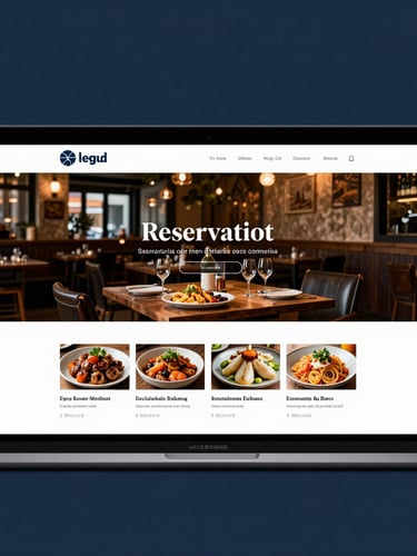 Straight-on clean browser mockup of a modern restaurant website showing a reservation screen and local menu, high-contrast studio lighting, deep slate slate-blue tones.