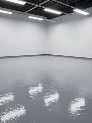 Wide-angle environmental shot of a high-gloss finished grey epoxy floor reflecting overhead industrial lights in a clean, modern Alberta garage, sharp reflections, clean white walls.