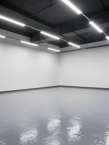 Wide-angle architectural photograph of a premium commercial garage with high-gloss grey epoxy flooring reflecting bright overhead industrial LED lights, clean white walls, spacious negative space.
