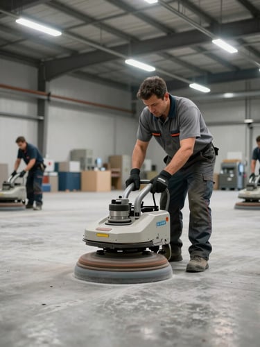 Wide-angle shot of professional floor technicians in clean uniforms grinding a large concrete warehouse floor in Alberta, bright overhead industrial lighting, focus on the machinery.