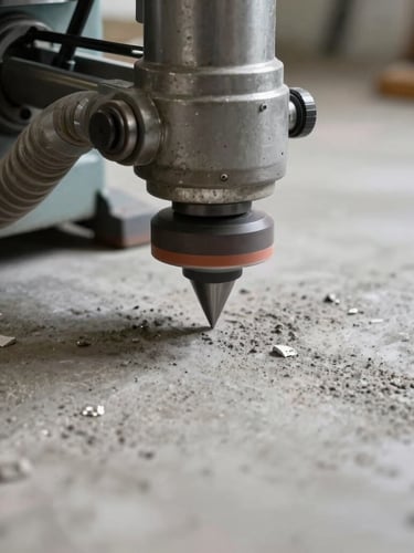 Close-up of diamond-grinding machine preparing a concrete floor surface, dust extraction hose visible, sharp industrial focus.