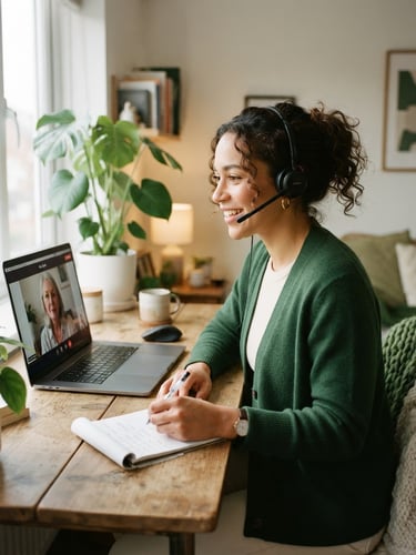 Editorial medium-close up of a professional remote healthcare assistant working in a bright, modern workspace with soft natural window light, warm green and cream tones, 35mm photography.