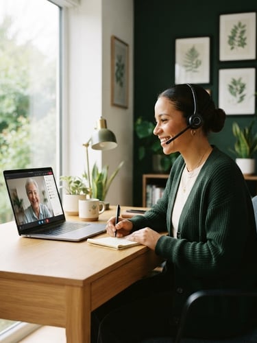 A professional remote healthcare assistant working in a bright modern workspace, soft natural window light, deep forest green accents, 35mm