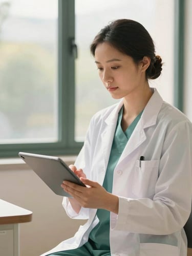 A clinician in a modern, warm-toned medical office interacting with a digital tablet, soft natural window light, professional 35mm editorial portrait.
