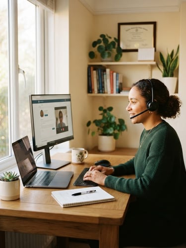 A professional remote healthcare assistant working in a clean, bright workspace with soft natural window light, modern digital tools, warm editorial photography.