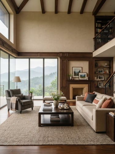 Straight-on editorial interior photography of a luxurious sun-drenched living room in Dehradun, high ceilings, custom millwork, warm beige tones, soft mountain light