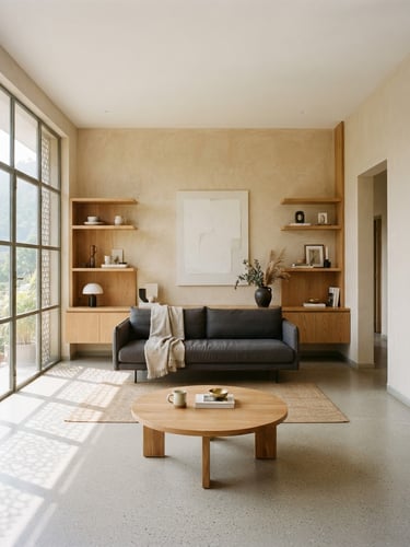 Straight-on architectural photography of a sun-drenched minimalist living room in Dehradun, warm beige plaster walls, custom oak millwork, soft window shadows, 35mm lens