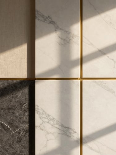 Close-up architectural photography of premium materials, veined white marble paired with brushed brass details and textured linen, soft golden-hour window shadows