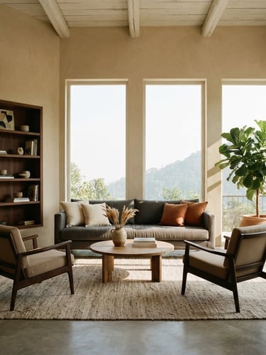 Straight-on architectural photograph of a sun-drenched Dehradun villa living room, soft morning light streaming through high windows, warm beige plaster walls, minimal luxury furniture, 35mm lens.