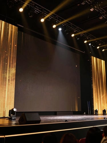 Wide shot of a large corporate stage with professional lighting and LED screens, shallow depth of field, 35mm, dramatic ambient lighting, rich dark tones with gold accents, cinematic event photography.