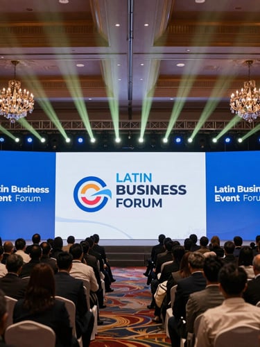 Vista panorámica de un gran escenario corporativo con iluminación profesional, estructura técnica compleja y una multitud sutil en el fondo, fotografía de eventos cinematográfica, iluminación ambiental dramática, tonos oscuros ricos con acentos dorados, poca profundidad de campo, 35mm.